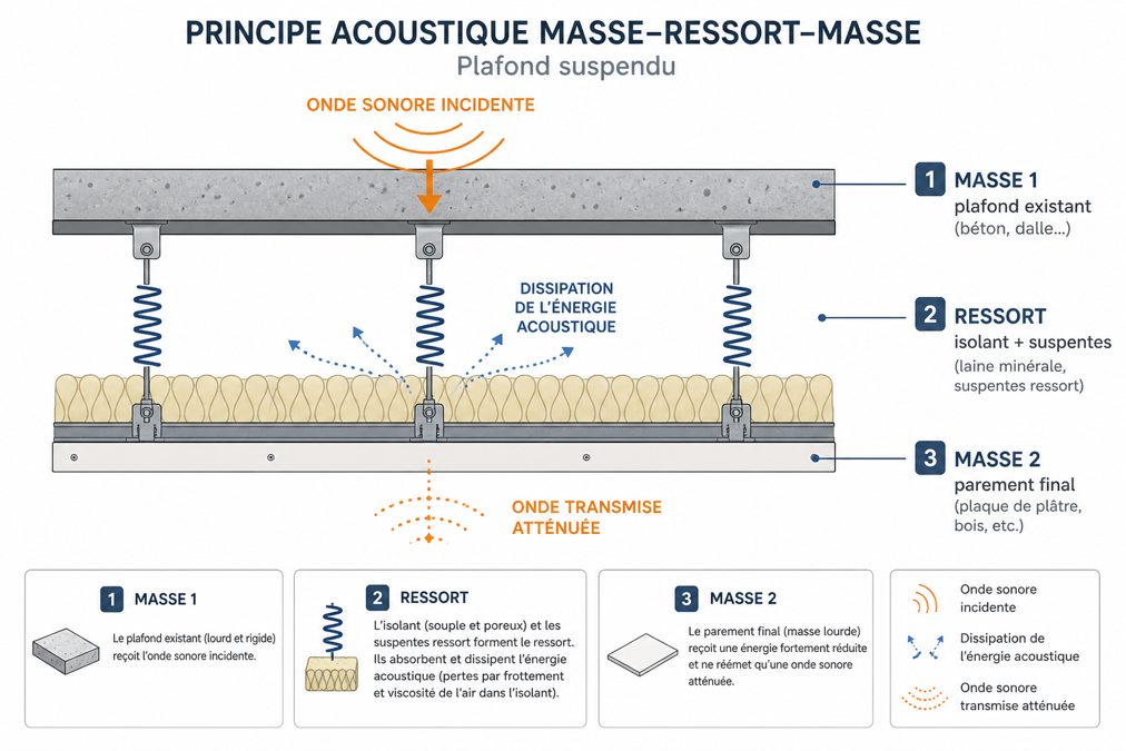 Schéma explicatif du principe masse ressort masse pour un plafond acoustique suspendu
