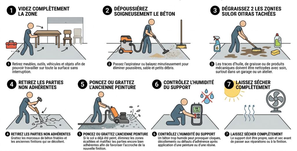 Rénovation d'un sol en béton abîmé Schéma des étapes pour la préparation d'une rénovation d'un sol en bêton