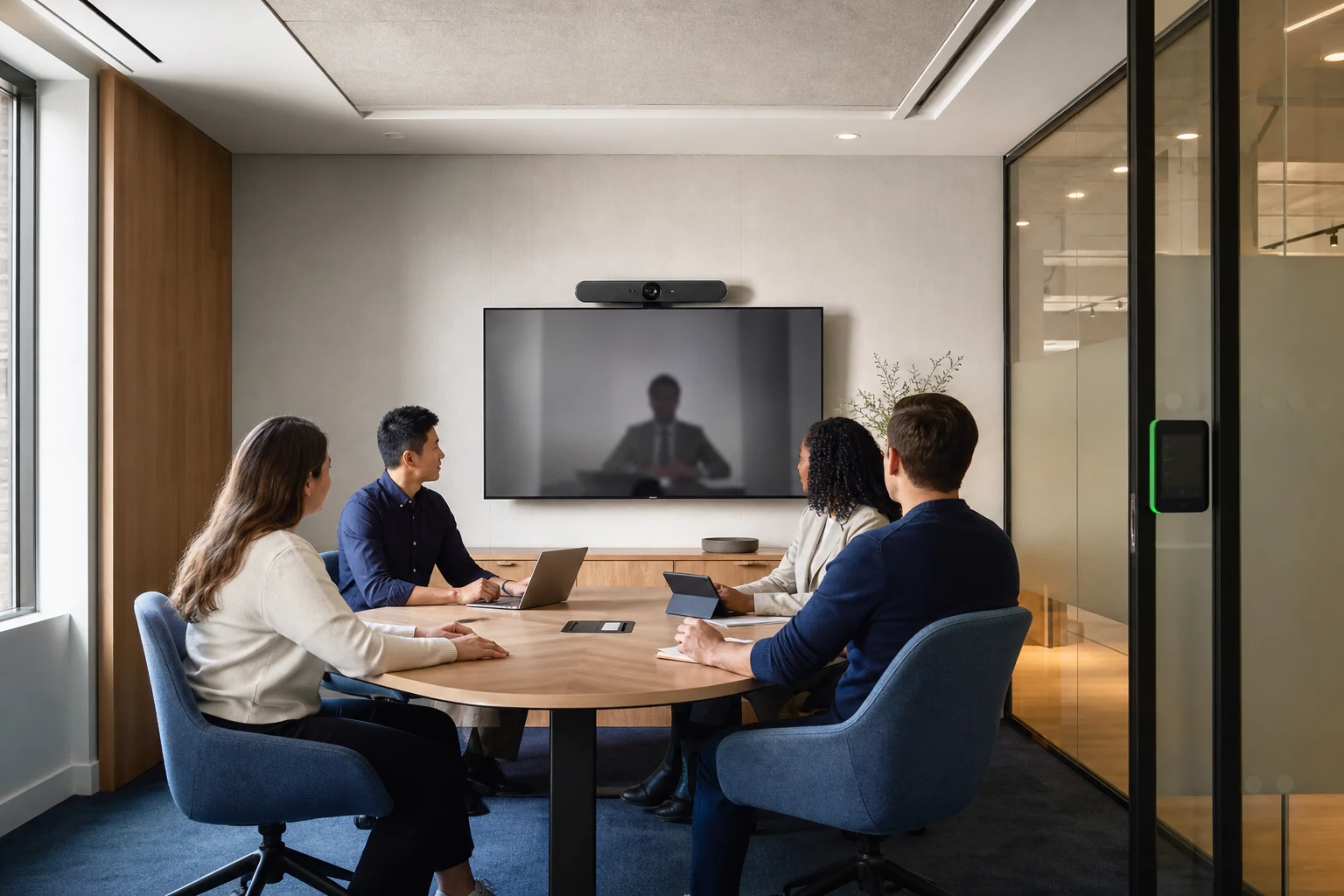 Salle de réunion équipée pour le travail hybride
