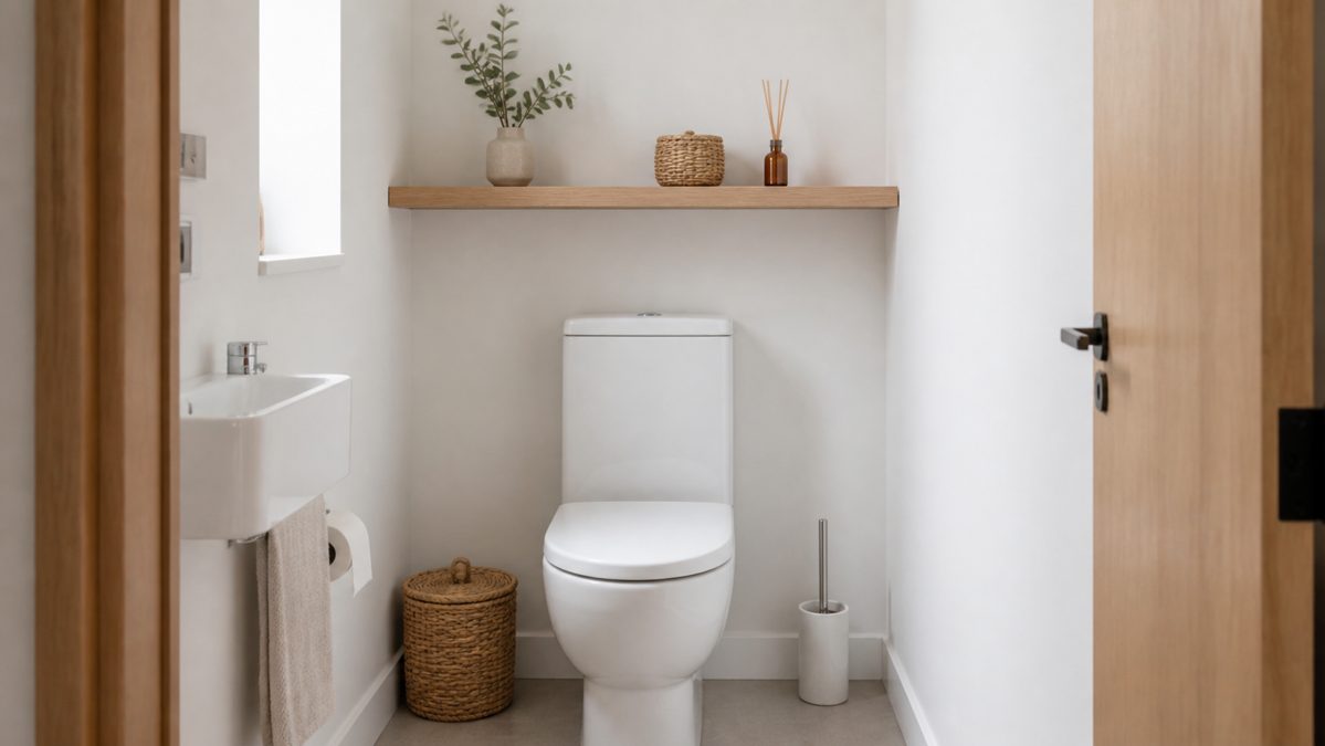 Toilettes blanc et bois, style scandinave Petites toilettes blanches avec étagère murale en bois clair et lumière naturelle