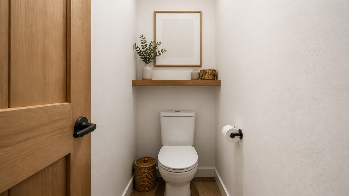 Intégrer le bois dans des toilettes blanches Étagère et cadre en bois clair intégrés dans des toilettes aux murs blancs