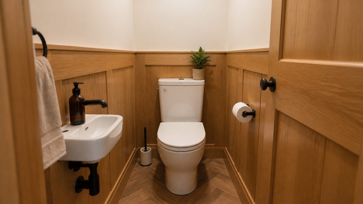 Petites toilettes blanc et bois sans fenêtre Petites toilettes sans fenêtre avec lambris bois clair à mi-hauteur et mur blanc