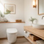 Toilettes en blanc et bois clair au style scandinave avec miroir et étagère