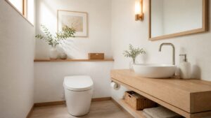 Toilettes en blanc et bois clair au style scandinave avec miroir et étagère
