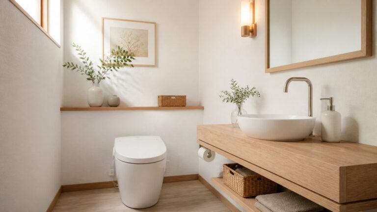 Toilettes blanc et bois style scandinave Toilettes en blanc et bois clair au style scandinave avec miroir et étagère