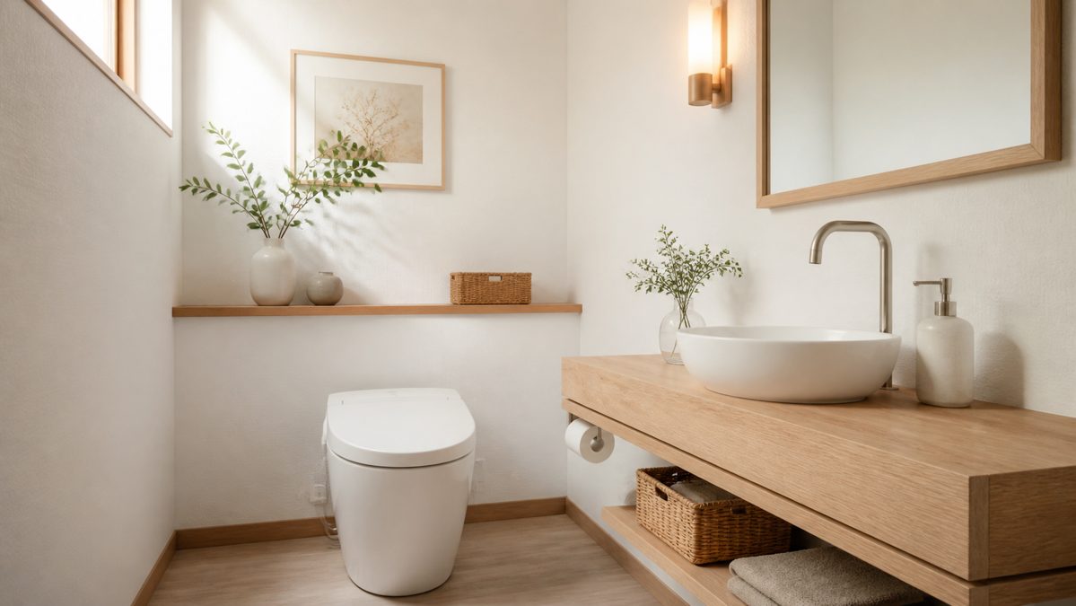 Toilettes blanc et bois style scandinave Toilettes en blanc et bois clair au style scandinave avec miroir et étagère