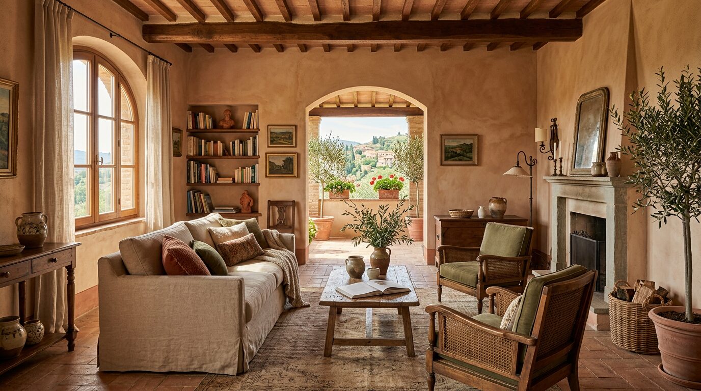 Salon d'inspiration italienne aux teintes terracotta et vert olive chaleureuses
