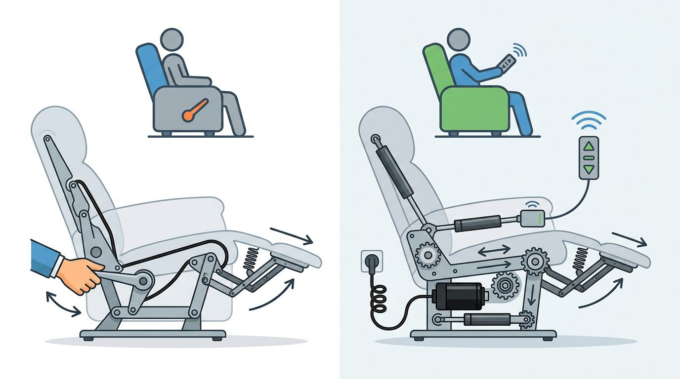 Fauteuil manuel ou électrique, les différences Schéma comparant le mécanisme d'un fauteuil relax manuel et d'un fauteuil relax électrique