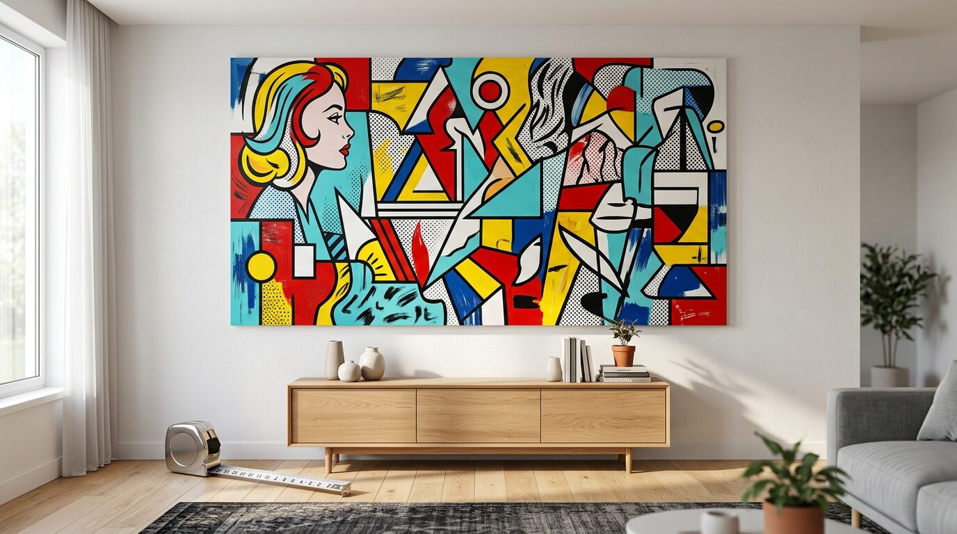 Grand tableau pop art dimensionne selon la largeur du mur au-dessus d'un meuble bas