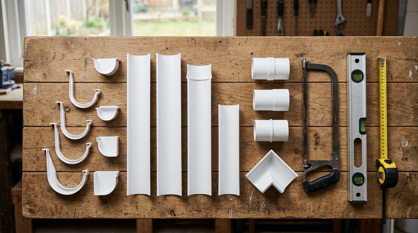 Matériel pour installer une gouttière PVC Profilés, crochets, raccords et outils nécessaires pour l'installation d'une gouttière PVC