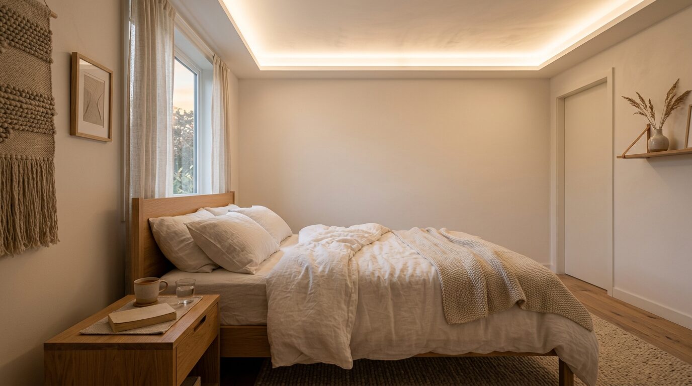 Lumière indirecte reflétée par le plafond Chambre au plafond blanc éclairé par une lumière indirecte douce et chaude