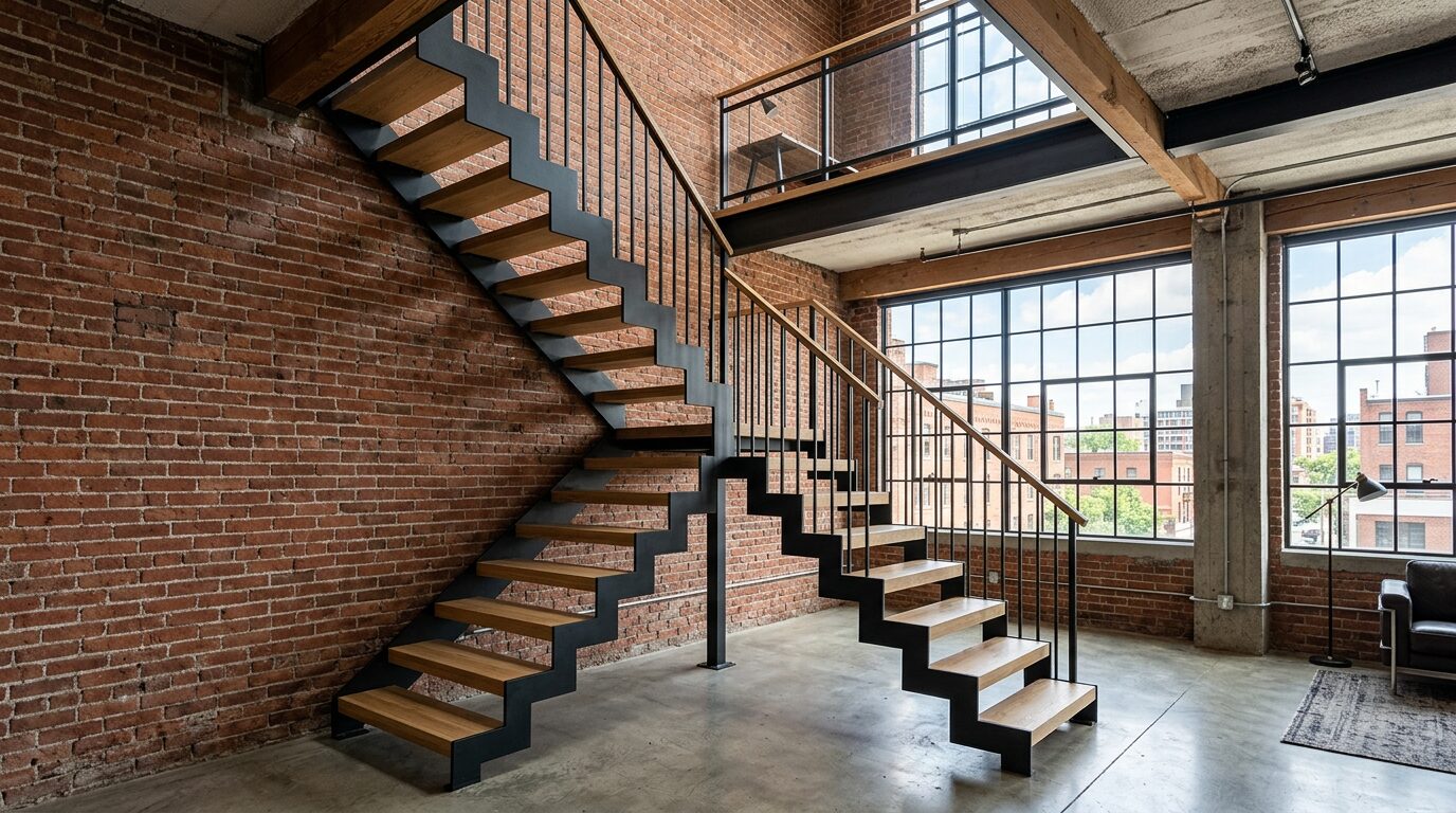 Escalier à pas japonais en métal dans un intérieur industriel Escalier à pas japonais en métal noir mat et bois clair dans un intérieur au style industriel