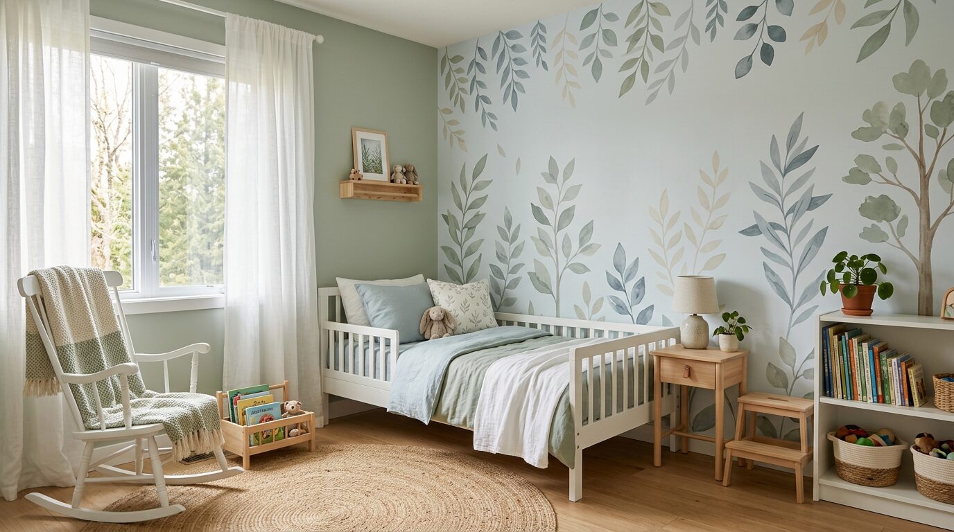 Chambre enfant tons apaisants Chambre d'enfant aux teintes vertes et bleues apaisantes avec stickers muraux nature