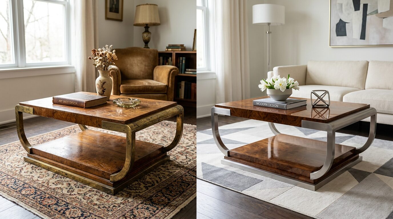 Table basse art déco ancienne ou contemporaine Comparaison entre une table basse art déco ancienne patinée et une reproduction contemporaine