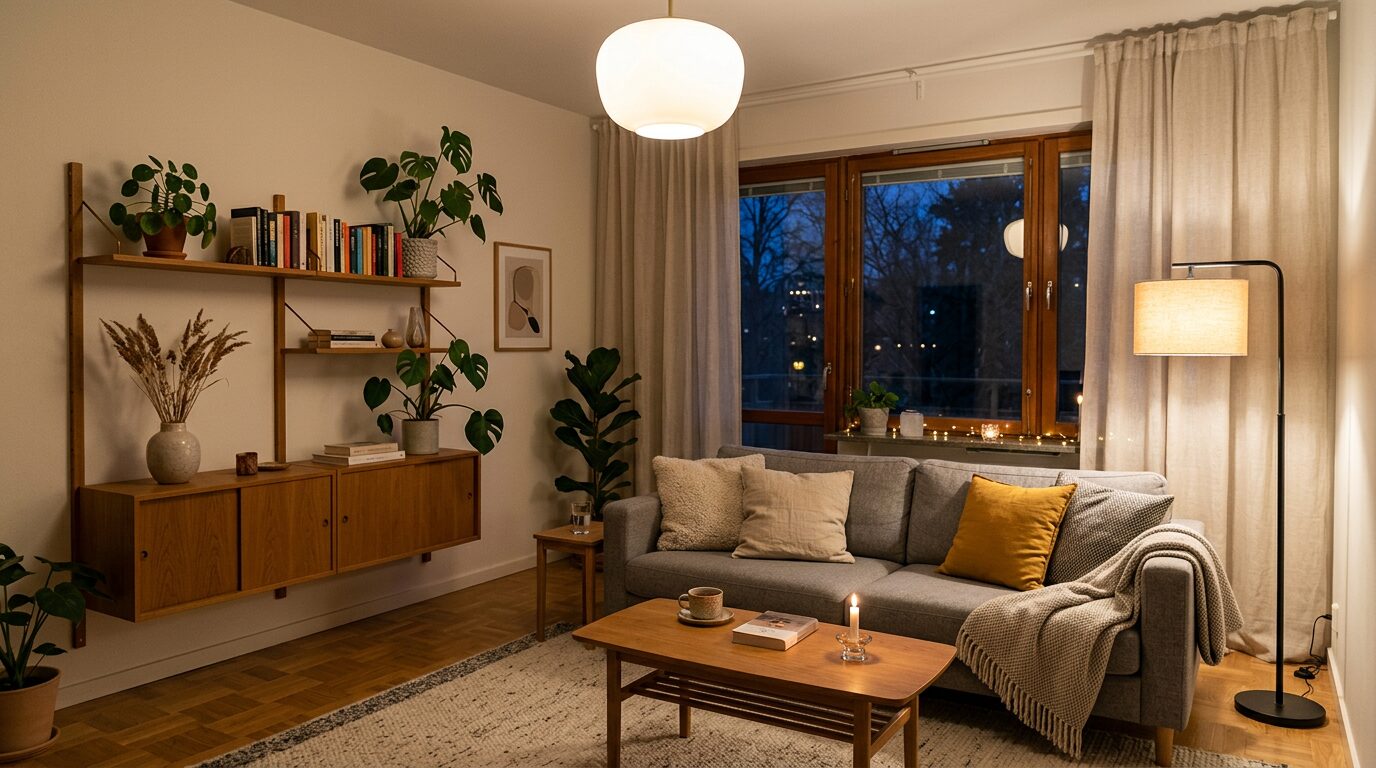 Plafonnier salon lumière chaude et lampe d'appoint Salon scandinave avec plafonnier en verre opalin à lumière chaude et lampadaire d'appoint