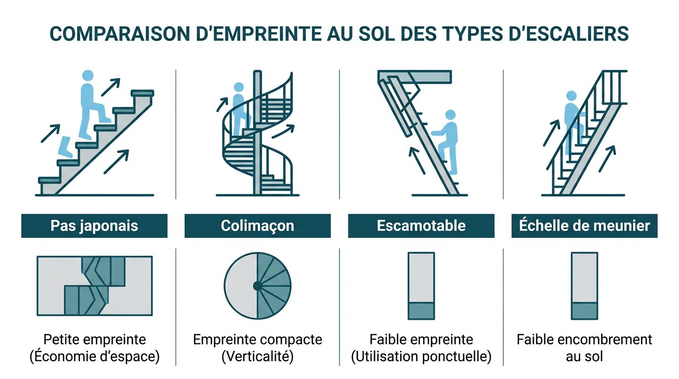Comparatif des solutions gain de place Schéma comparatif de l'emprise au sol entre pas japonais, colimaçon, escamotable et échelle de meunier