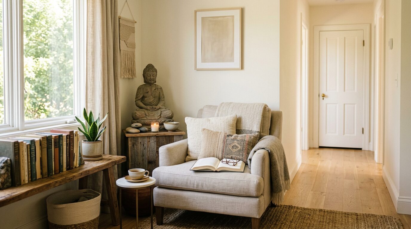 Coin lecture degage dans un salon, emplacement adapte pour une statue de bouddha