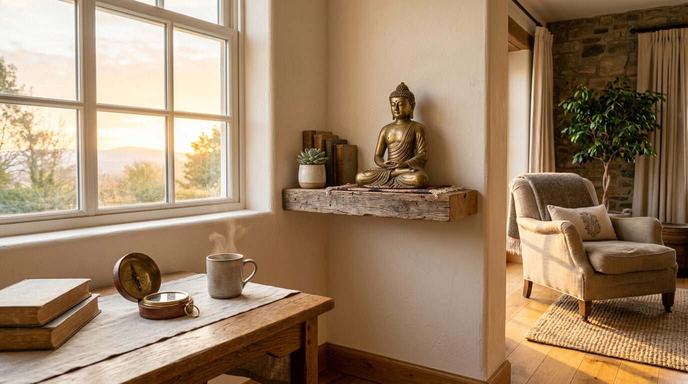Coin de piece oriente vers l'est avec une statue de bouddha eclairee par la lumiere du matin