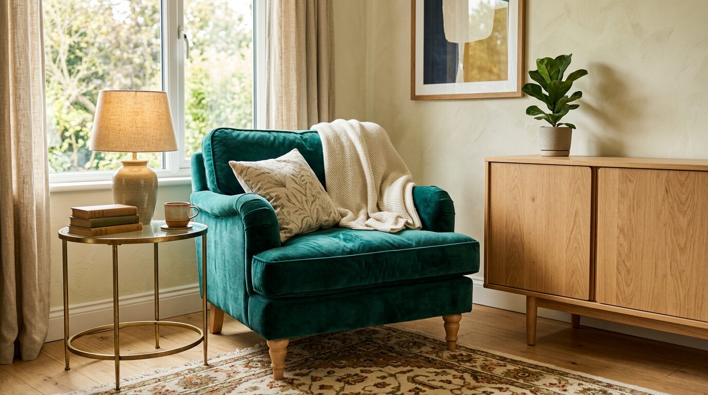Fauteuil en velours vert canard associé à du bois clair et du laiton