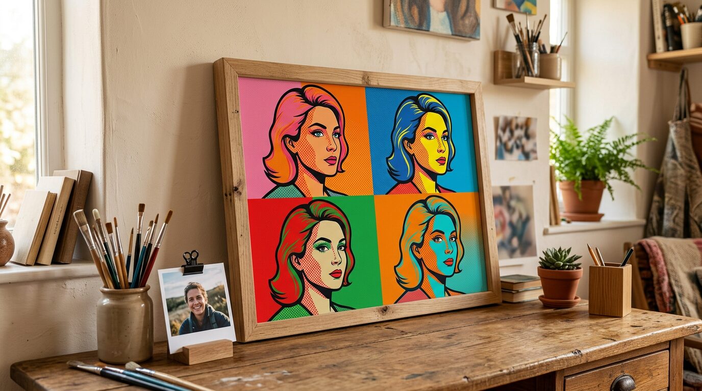Portrait pop art personnalise decline en quatre panneaux colores dans un interieur