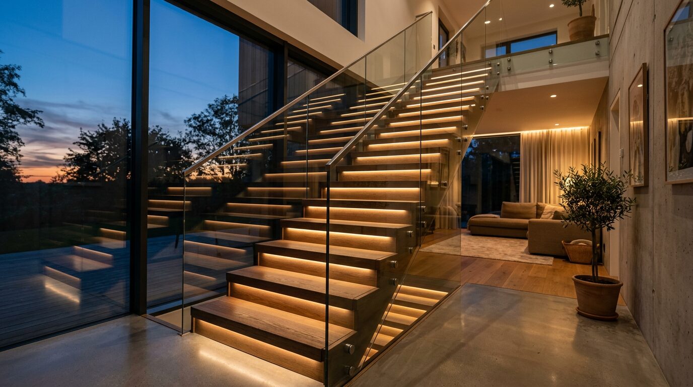 Éclairage LED sous les marches pour la sécurité Escalier avec garde-corps en verre et bandeau LED intégré sous chaque marche