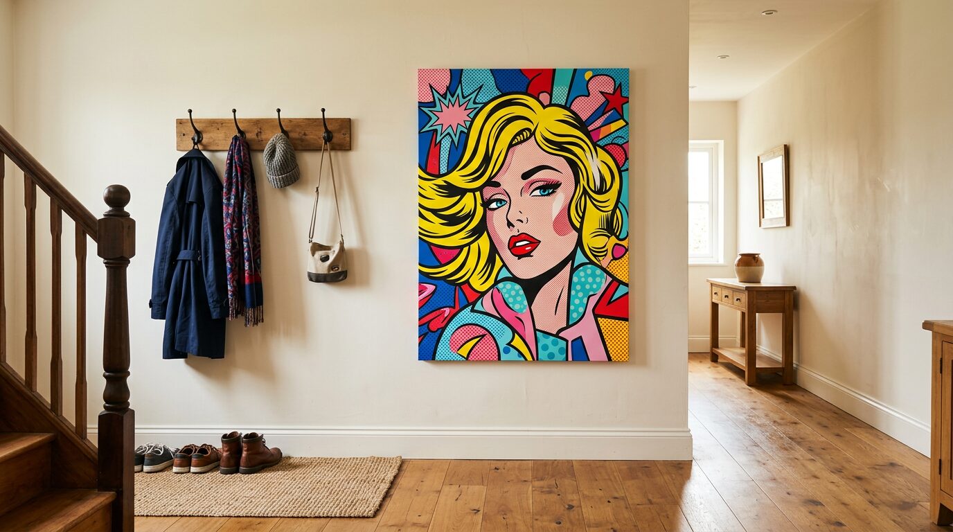 Tableau pop art format vertical accroche dans un couloir d'entree lumineux