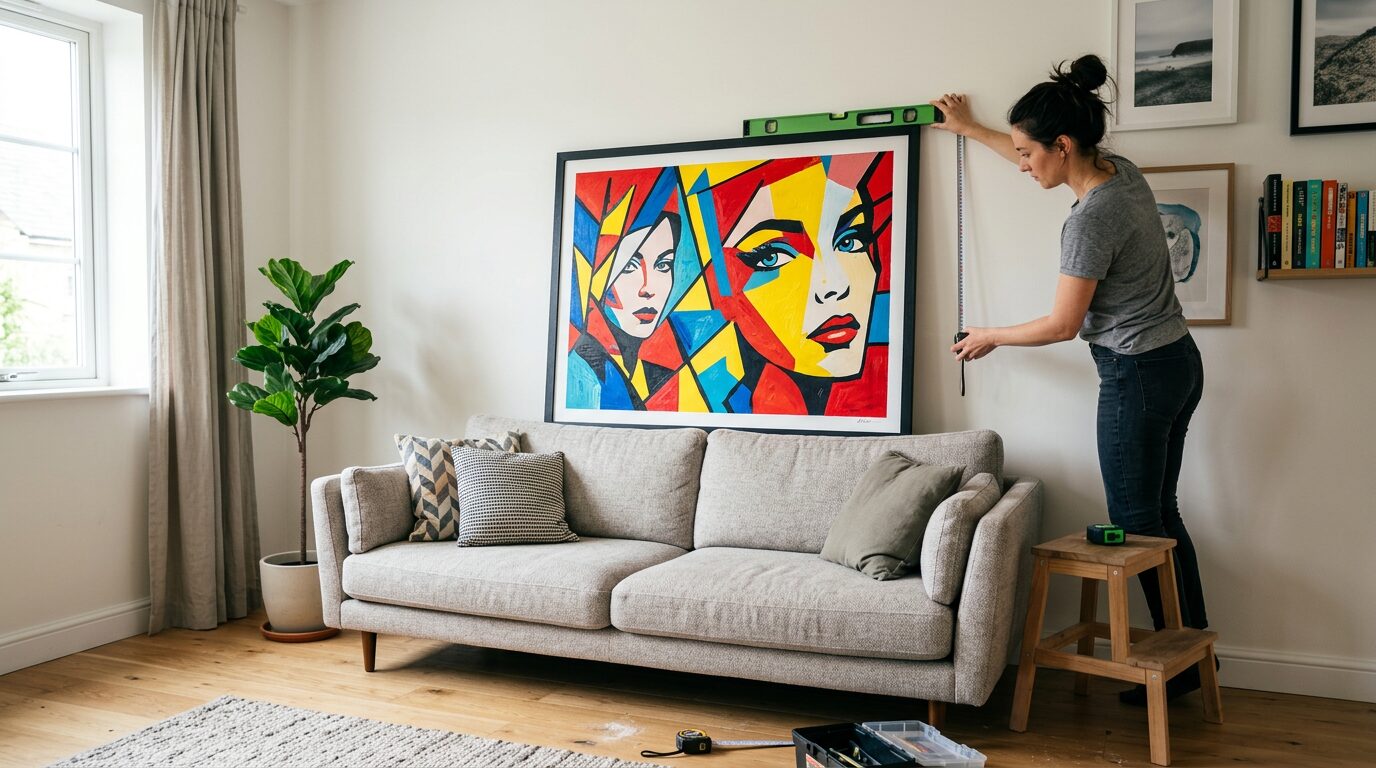 Personne verifiant la hauteur d'accrochage d'un tableau pop art avec un niveau a bulle