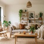 Salon associant le style bohème et le style scandinave pour une ambiance cocooning chaleureuse