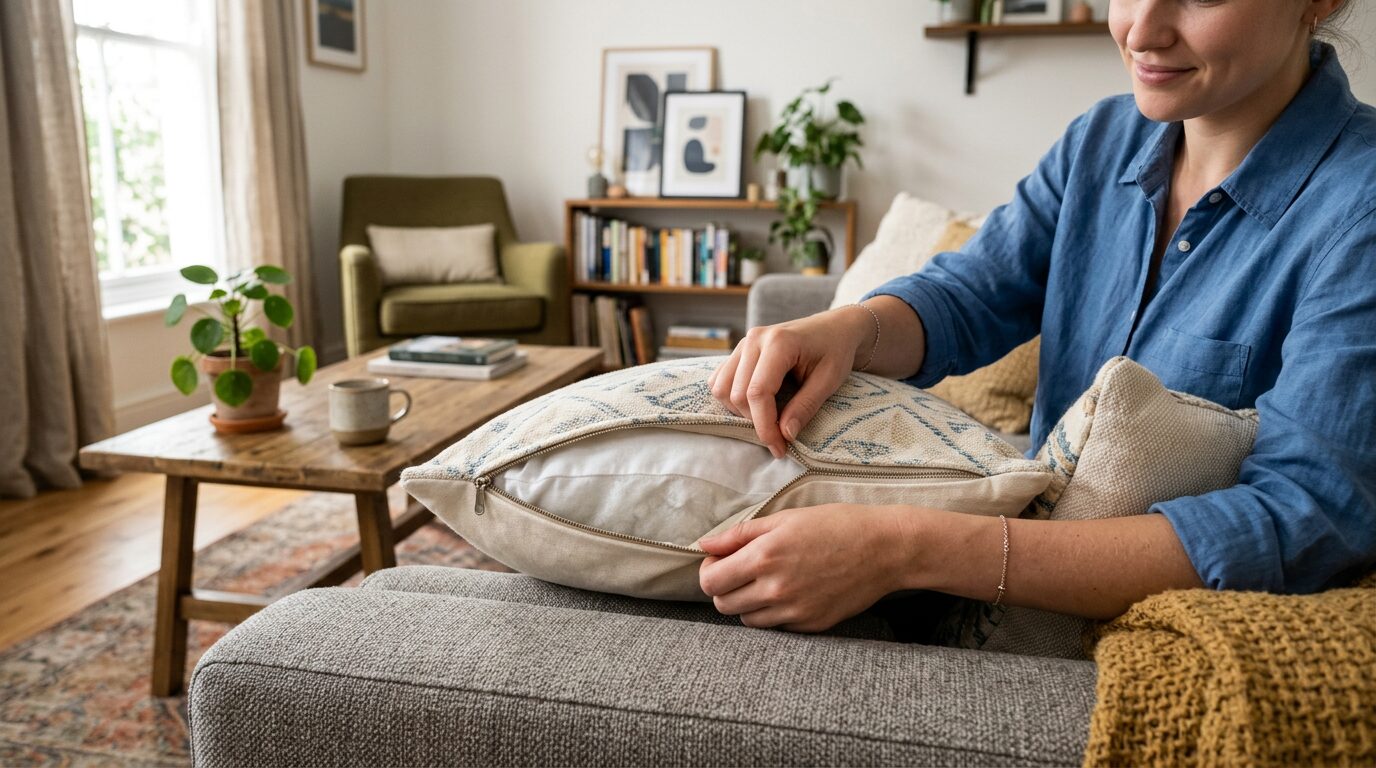 Housse de coussin amovible avec fermeture Housse de coussin déhoussable avec fermeture à glissière ouverte sur un canapé