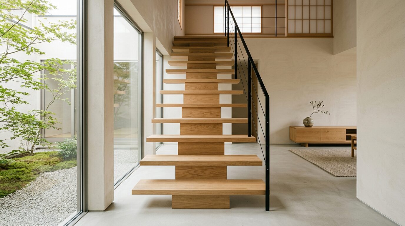 Escalier à pas japonais dans un intérieur japandi Escalier à pas japonais en bois clair et garde-corps câble dans un intérieur japandi minimaliste