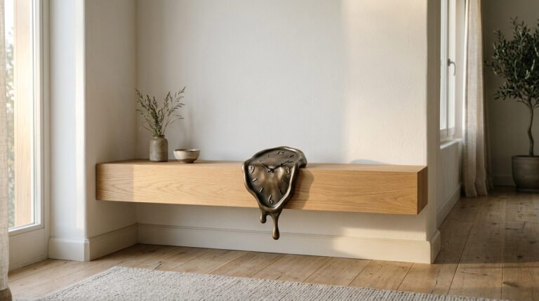 Horloge Dali dans un salon contemporain épuré Horloge molle surréaliste posée sur une étagère dans un salon contemporain blanc et épuré