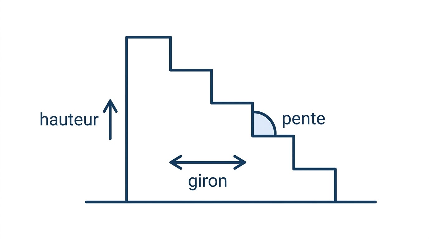 Schéma des mesures d'un escalier à pas japonais Schéma explicatif montrant la hauteur, le giron et la pente d'un escalier