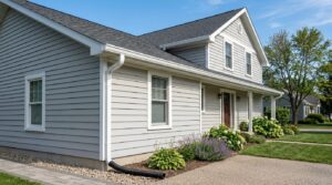 Gouttière blanche en PVC fraîchement installée le long du toit d'une maison individuelle