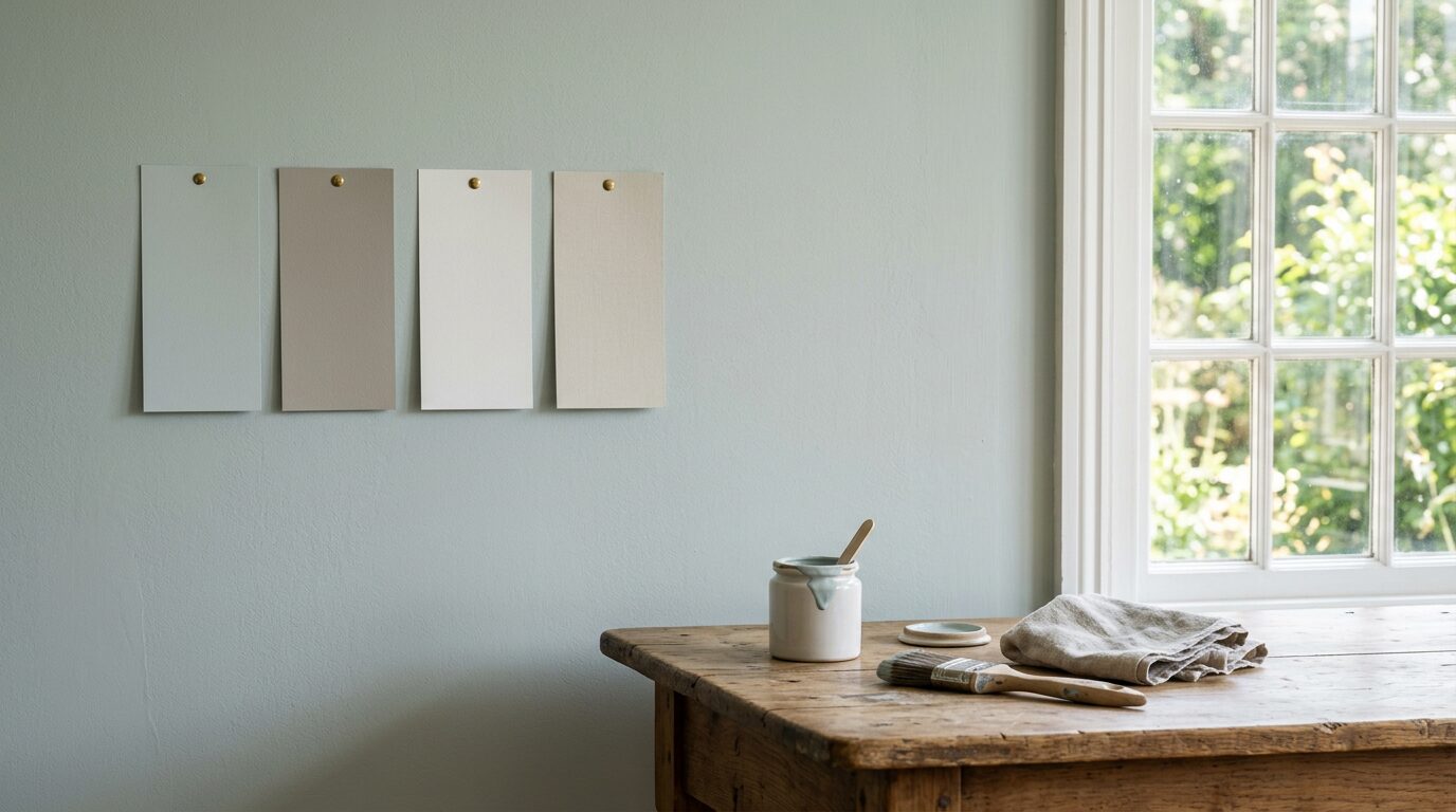 Nuances de bleu céladon testées sur un mur Échantillons de peinture bleu céladon testés sur un mur à côté d'une fenêtre