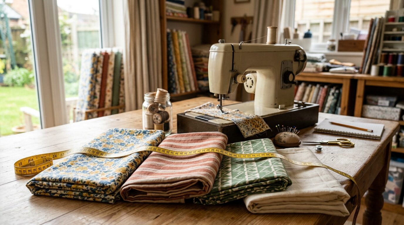 Métrage de tissu pour coudre une housse de coussin Tissu plié et mètre ruban sur une table de couture avec une machine à coudre