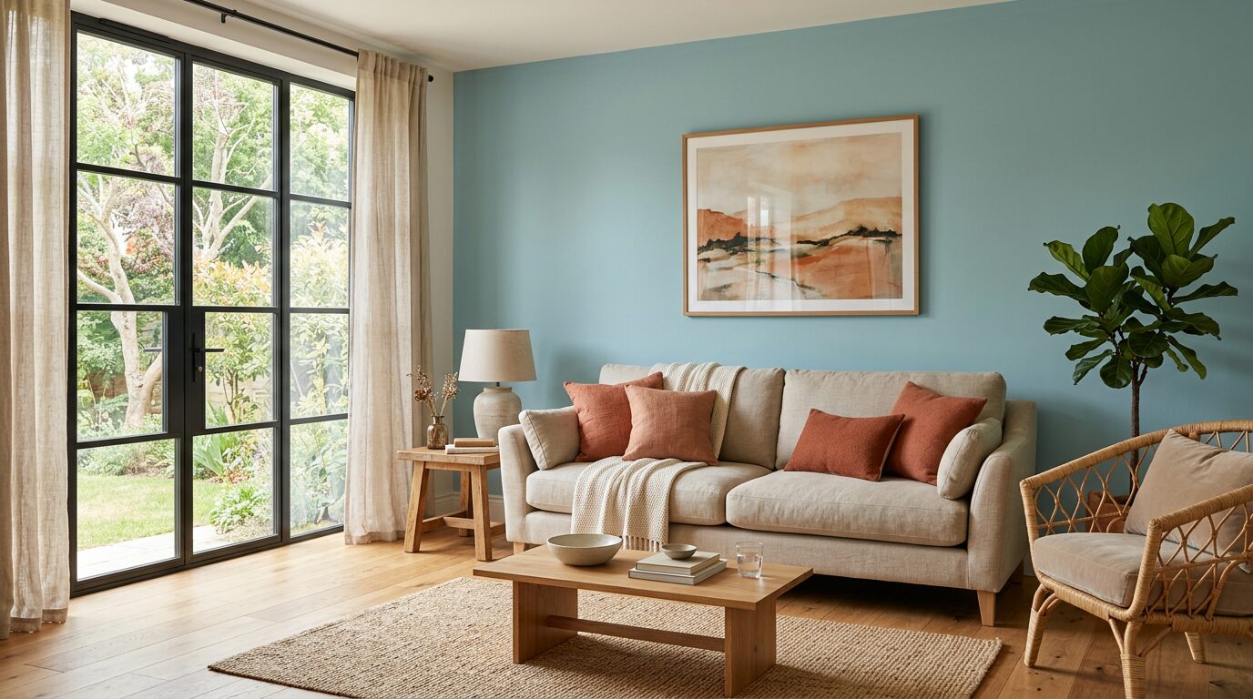 Un mur d'accent bleu céladon au salon Salon avec un seul mur d'accent bleu céladon derrière un canapé beige