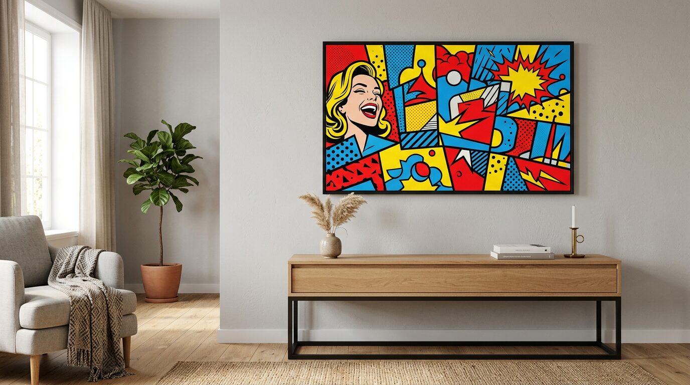 Tableau pop art aux couleurs vives inspire de la bande dessinee accroche dans un salon