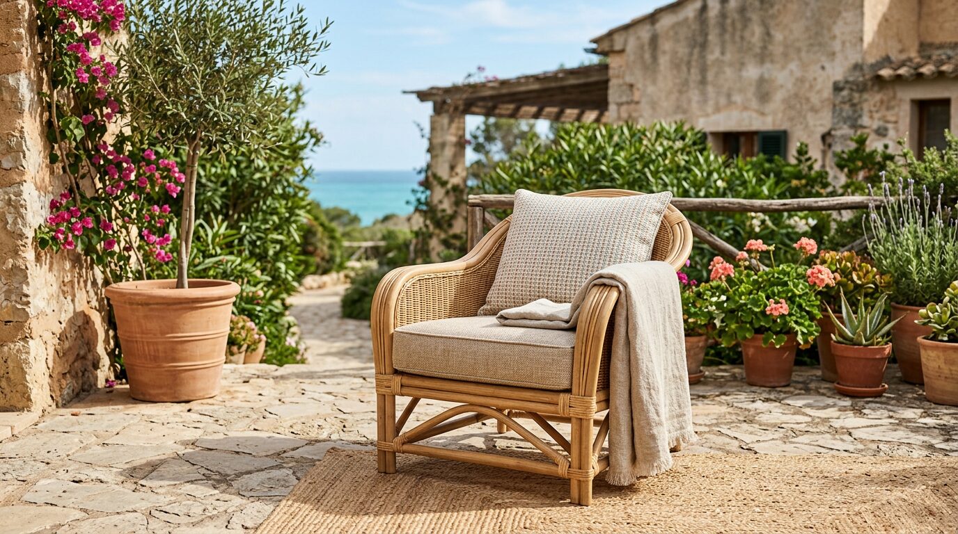 Coussins déperlants pour terrasse extérieure Fauteuil en rotin sur une terrasse ensoleillée avec des coussins en tissu extérieur déperlant