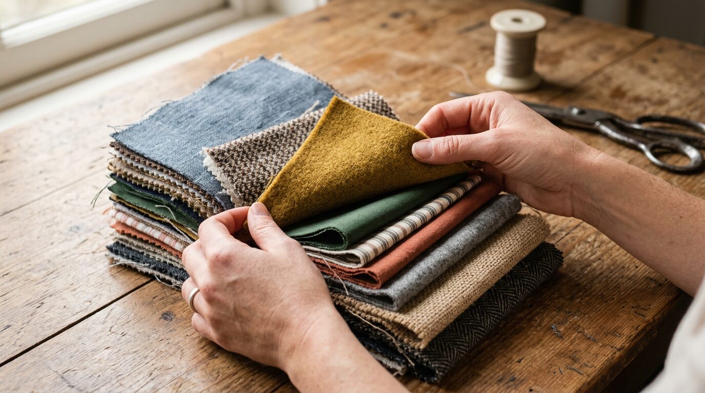 Examen de la qualité d'un tissu avant achat Mains inspectant des échantillons de tissu épais sur une table en bois