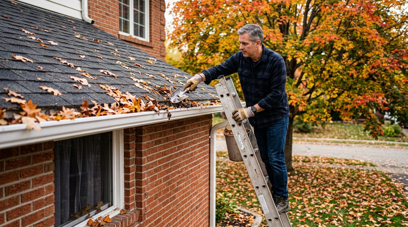 Entretien d'une gouttière PVC en automne Nettoyage des feuilles accumulées dans une gouttière PVC en automne depuis une échelle