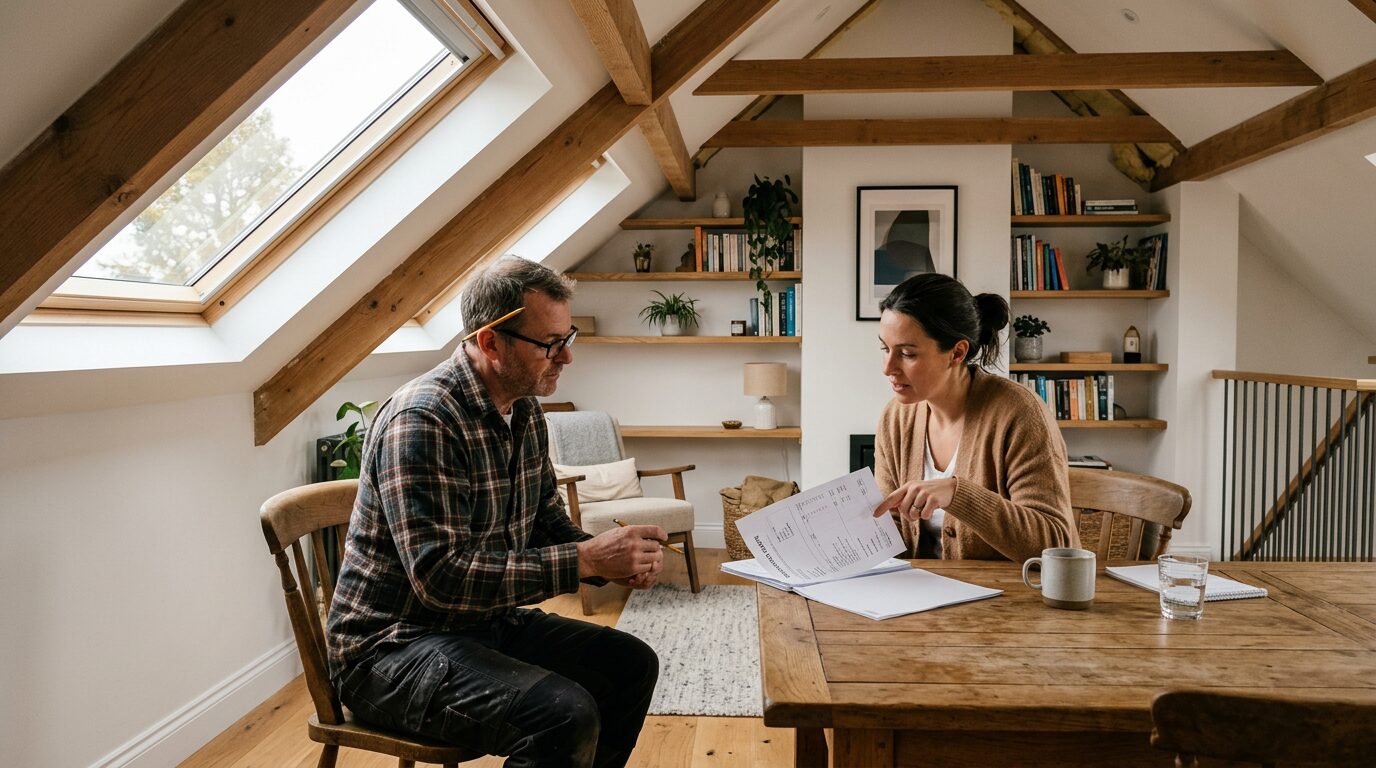 Aides financières isolation toiture 2026 Artisan et propriétaire échangeant sur un devis d'isolation de toiture