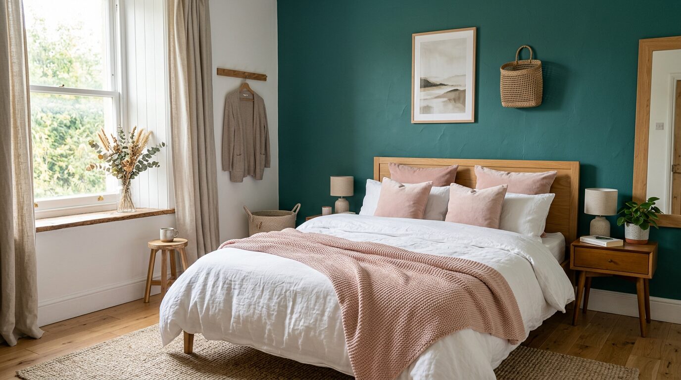 Chambre avec mur vert canard associé à des coussins rose poudré
