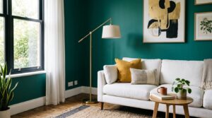 Salon associant vert canard et jaune moutarde dans une ambiance rétro-chic