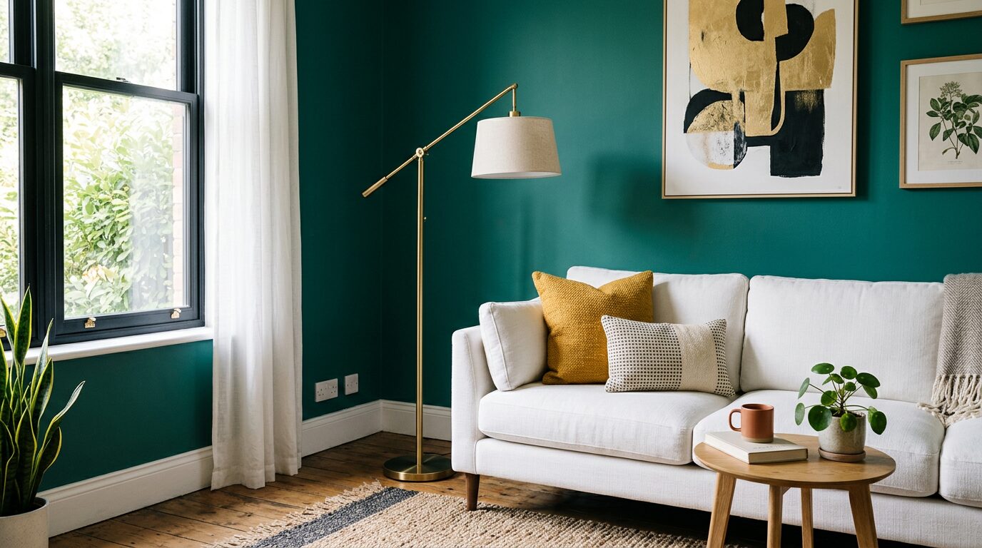 Salon associant vert canard et jaune moutarde dans une ambiance rétro-chic