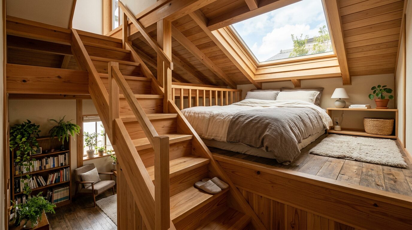 Mezzanine desservie par un escalier compact Chambre en mezzanine desservie par un escalier à pas japonais dans un petit loft