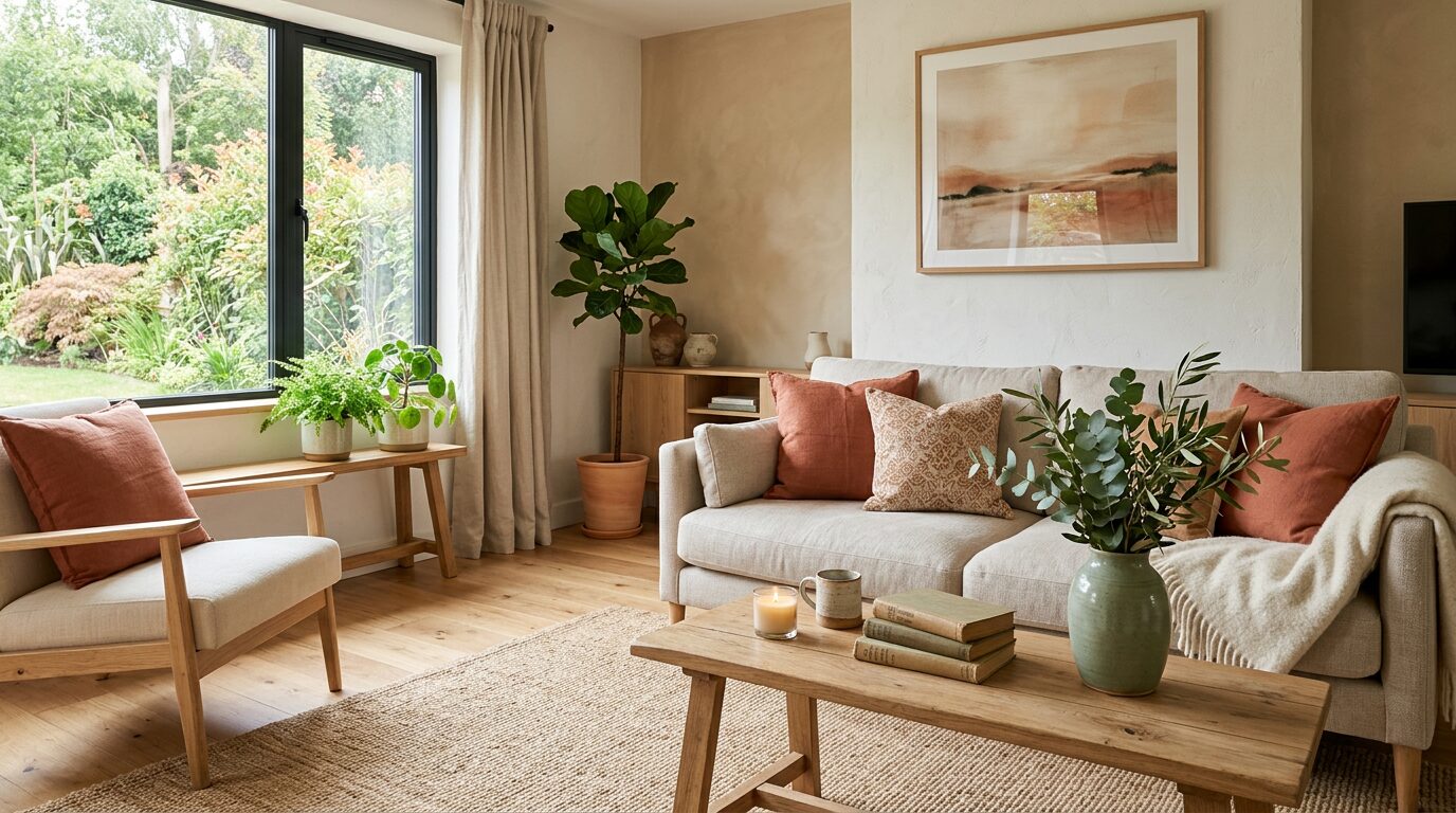 Palette de couleurs salon bohème scandinave Salon en tons beiges avec touches terracotta et vert sauge pour une palette bohème scandinave