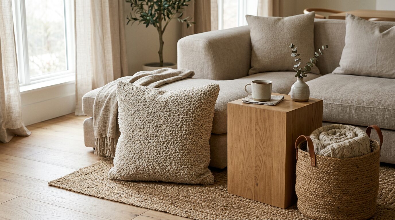 Matières naturelles pour un effet cocooning Coussin en laine bouclette, panier en jute et bois clair pour un effet cocooning naturel