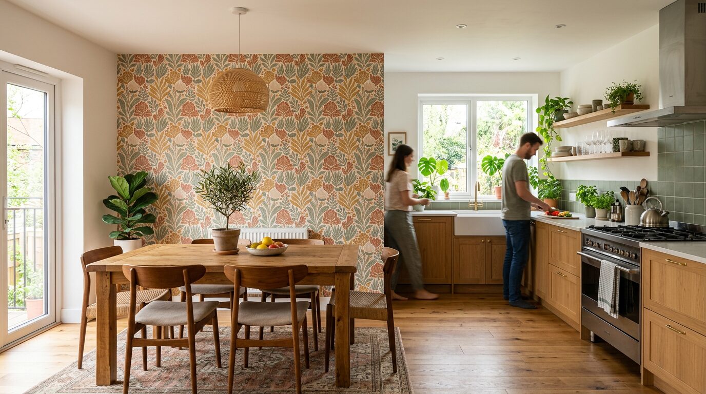 Cuisine moderne avec pan de mur en papier peint terracotta et vert sauge