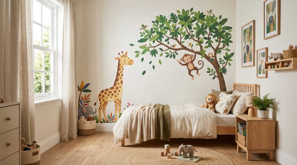 Chambre enfant décorée de stickers muraux jungle colorés Chambre d'enfant lumineuse avec des stickers muraux jungle colorés au-dessus du lit