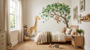 Chambre d'enfant lumineuse avec des stickers muraux jungle colorés au-dessus du lit